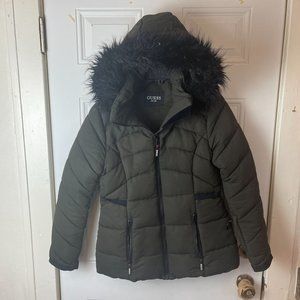 Guess Winter Coat Jacket Puffer Parka Faux Fur Hood Womens Size Medium